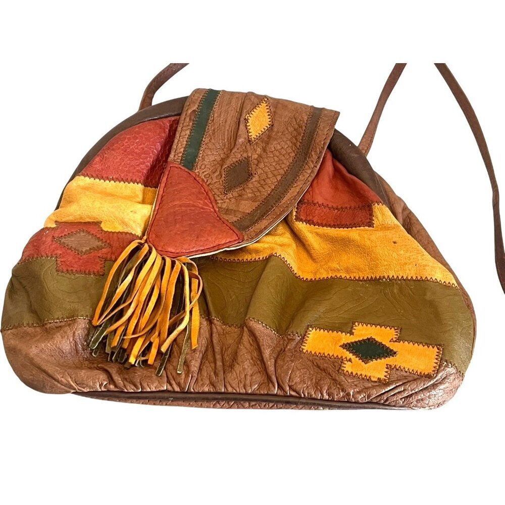 vtg Retro 80's Sereta Multicolor Stitched Patchwork Leather Crossbody‎ Bag - Picture 2 of 8